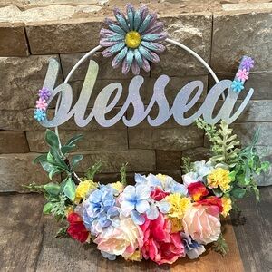 Colorful Floral Wreath with 'blessed' Sign